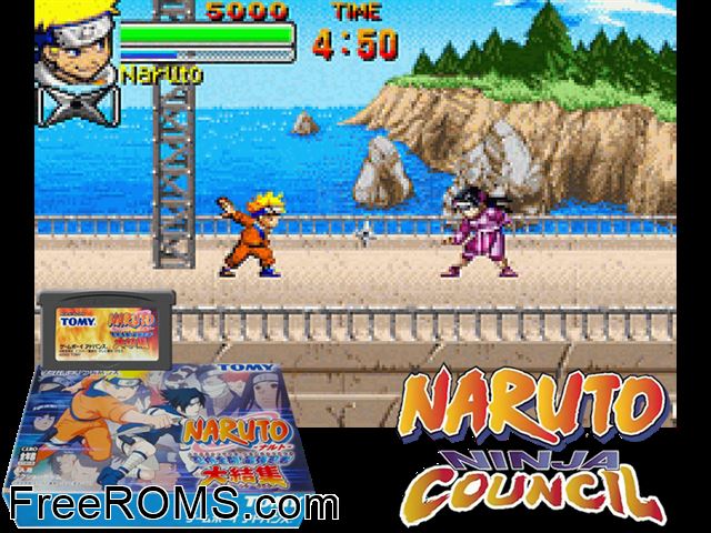 Naruto - Ninjutsu Zenkai! Saikyou Ninja Daikesshuu (Japan) Gameboy Advance game showing 3D box cover and gameplay screenshot